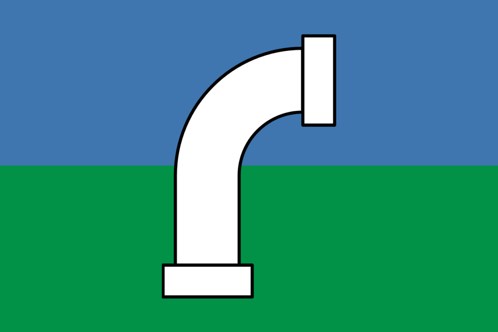 Parklife Industries flag. Flat 2D illustration. Two horizontal colour bands: top is blue, bottom is green. At centre is a graphic line drawing of a curved white pipe with heavy black outline.